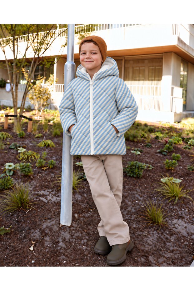 Gots Certified 100% Cotton Muslin Lined Blue and White Striped Quilted Hooded Children's Coat