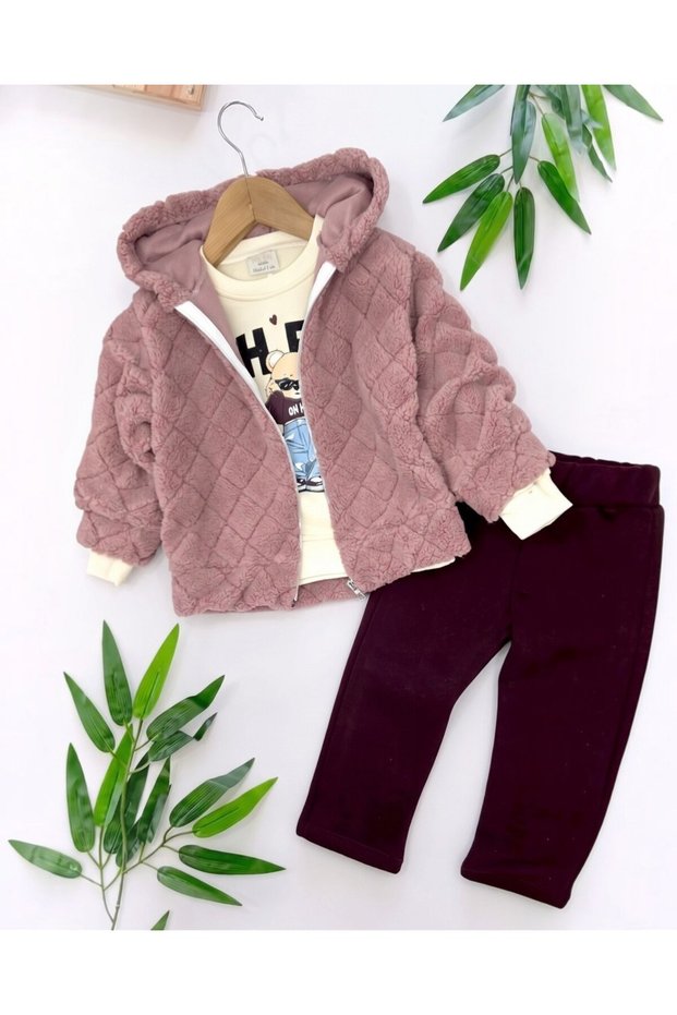Baby Girl Welsoft Cardigan 3-Piece 2-3-4-5-6 Years Old Hooded 3-Strap Hooded Top and Bottom Winter Set