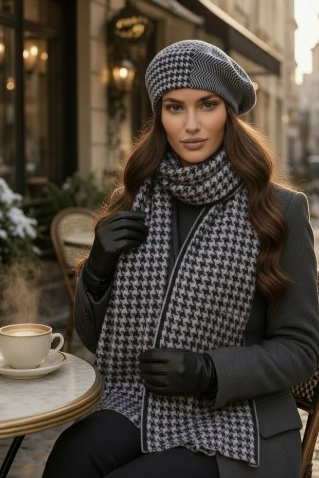 Women's Winter Knitwear Houndstooth Patterned Scarf Painter Beanie Set