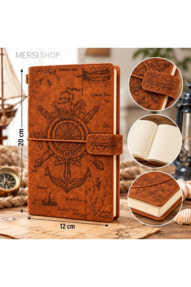 Vintage Rudder and Anchor Patterned Leather Look Notebook 20X12 cm Retro Sailor Themed Notepad 1 Piece