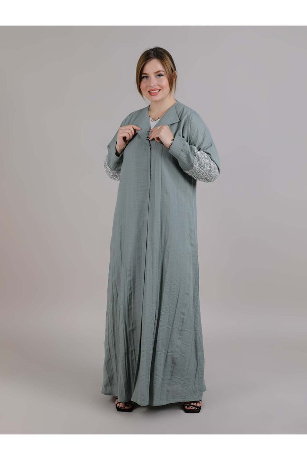 Grey Crushed Linen Threadwork Abaya