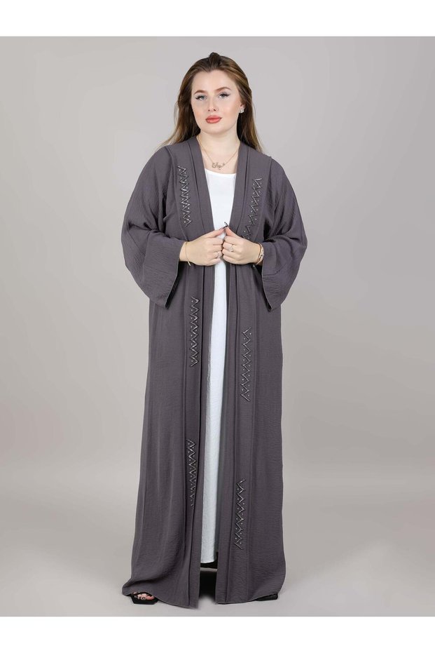 Grey Harir Maqsood Embroidered Open Casual Abaya