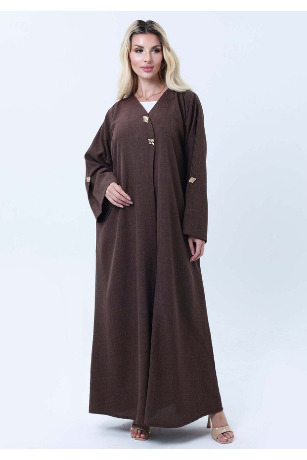 Brown Mélange Abaya with Decorative Buttons and Matching Headscarf