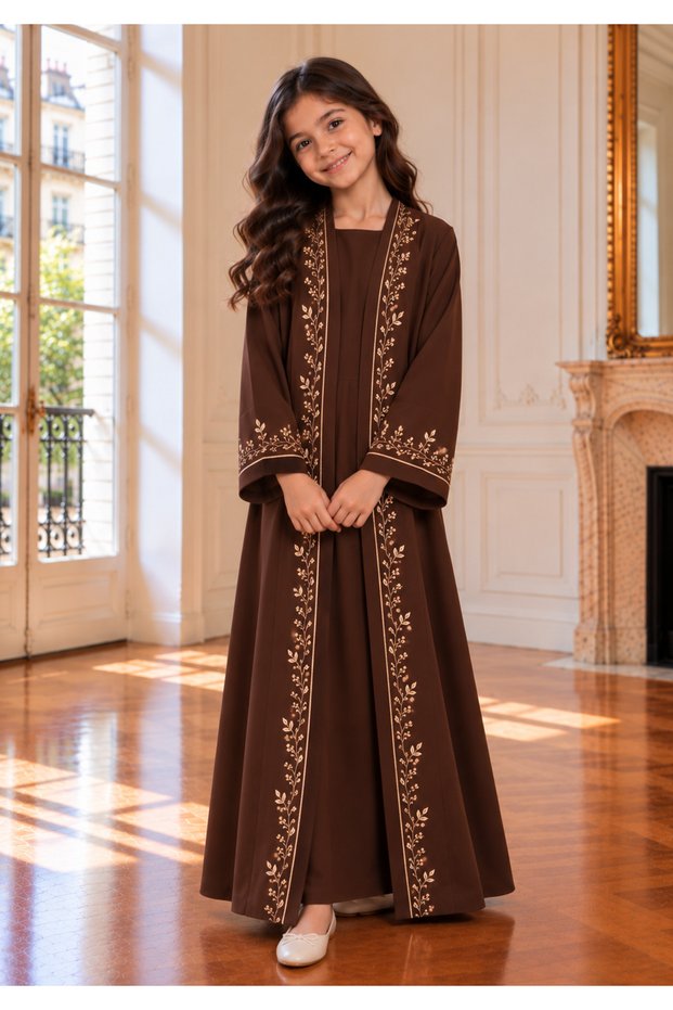 Girls Brown Abaya with Golden Hand Embroidery | Kids Abaya with Chiffon Hijab