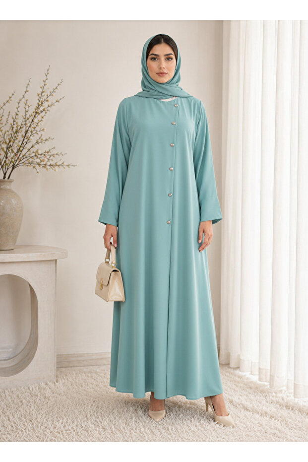 Dusty Aqua Korean Nida Abaya – Asymmetrical Button Design with Matching Chiffon Headscarf
