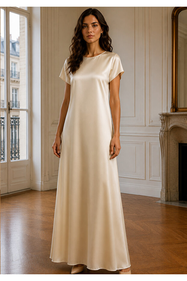 Satin Silk Under Abaya Dress I Ivory, Short Sleeve, Maxi Length
