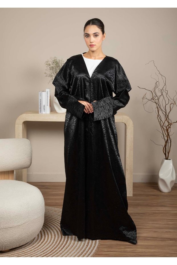 Front Open Black Jacquard Abaya
