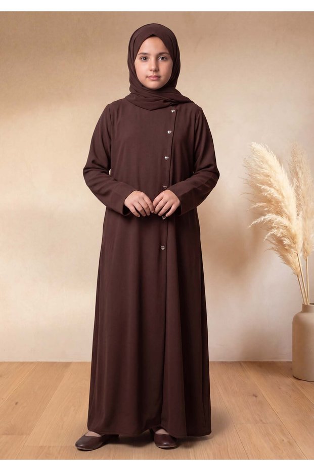 Dark Brown Kids Abaya with Matching Hijab for Girls Korean Nida Fabric Modest Islamic Dress 9