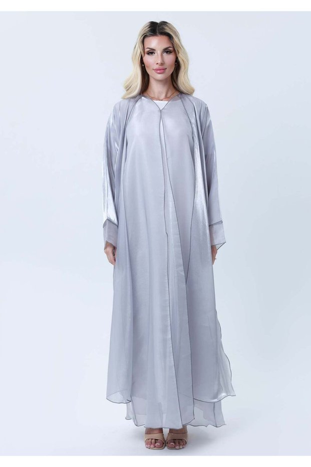 3 Piece Grey Organza Abaya Set