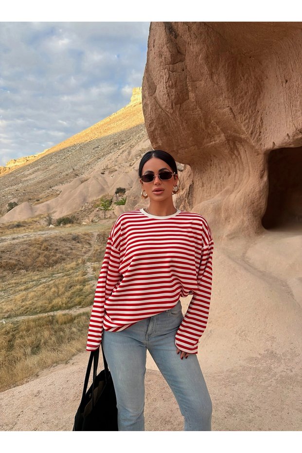 Red Modal Striped Basic Sweatshirt