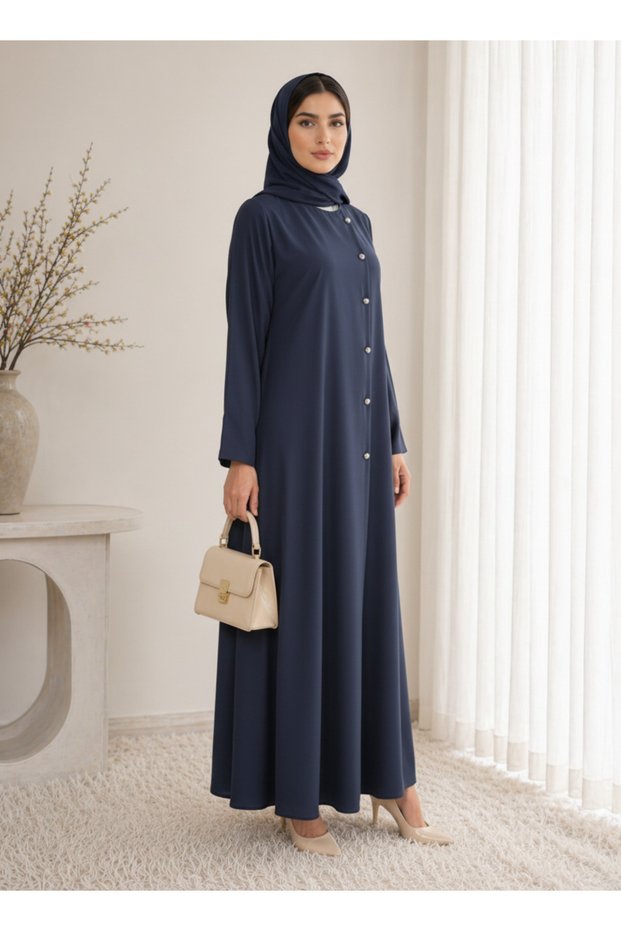 Navy Blue Korean Nida Abaya – Asymmetrical Button Design with Matching Chiffon Headscarf