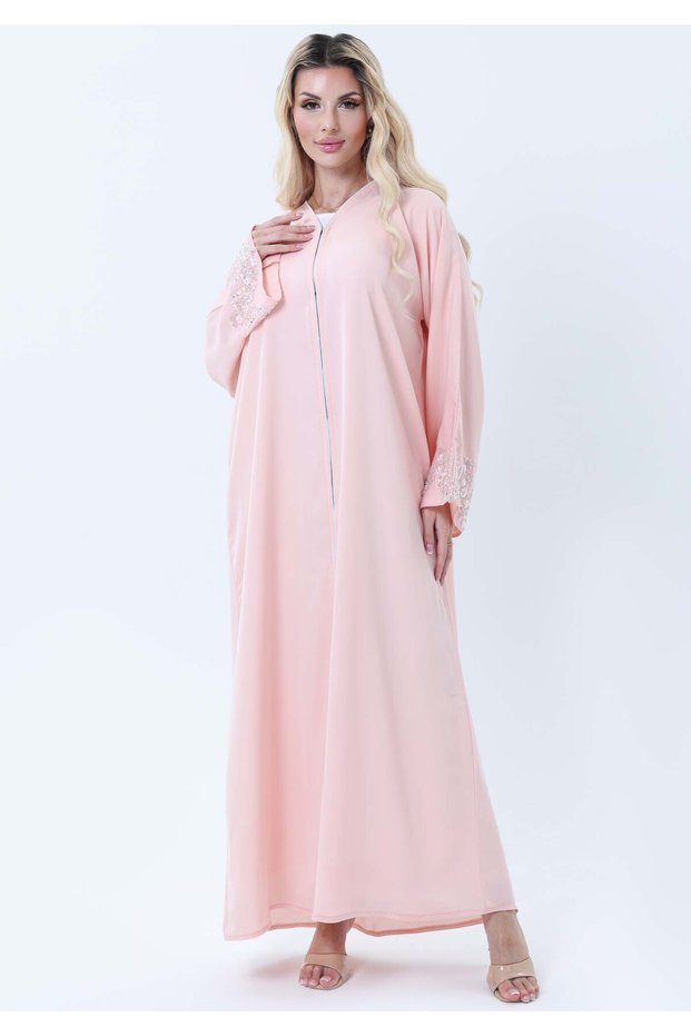 Pink Abaya with Ornate Silver Sequined Sleeve Embellishments