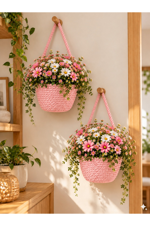 2-Piece Mini Basket 12X11 cm Multi-Purpose Decorative Basket Organizer – Plants and Wooden Hangers Not Included