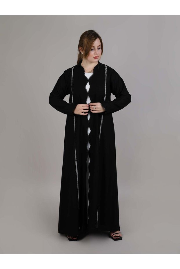 Black Nida Open Abaya with Lace