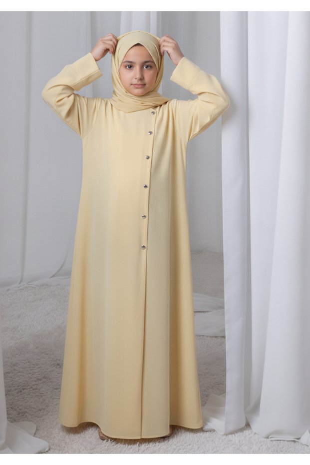 Pastel Yellow Kids Abaya with Matching Hijab for Girls Korean Nida Fabric Modest Islamic Dress 9