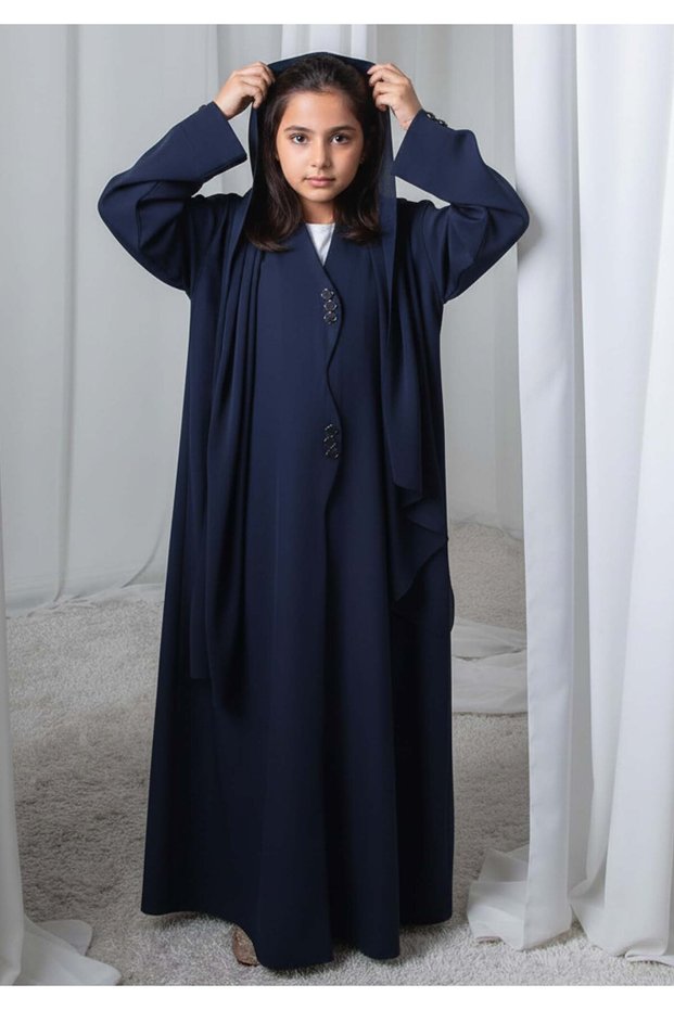 Kids Abaya With Sheila I Elegant Navy Blue Barbie Crepe Modest Wear for Girls