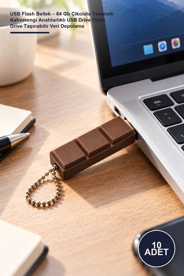 10 Pieces USB Flash Memory – 64 Gb Chocolate Design Brown USB Drive with Keychain Flash Drive Portable Data Storage