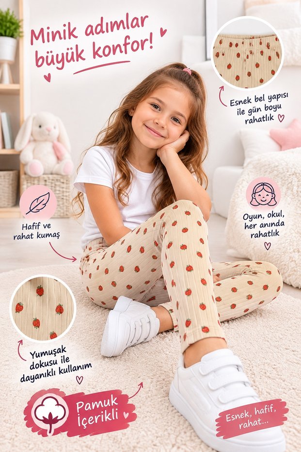 Girl's Patterned Flexible Anti-Sweat Cotton Report Waist Elastic Leggings