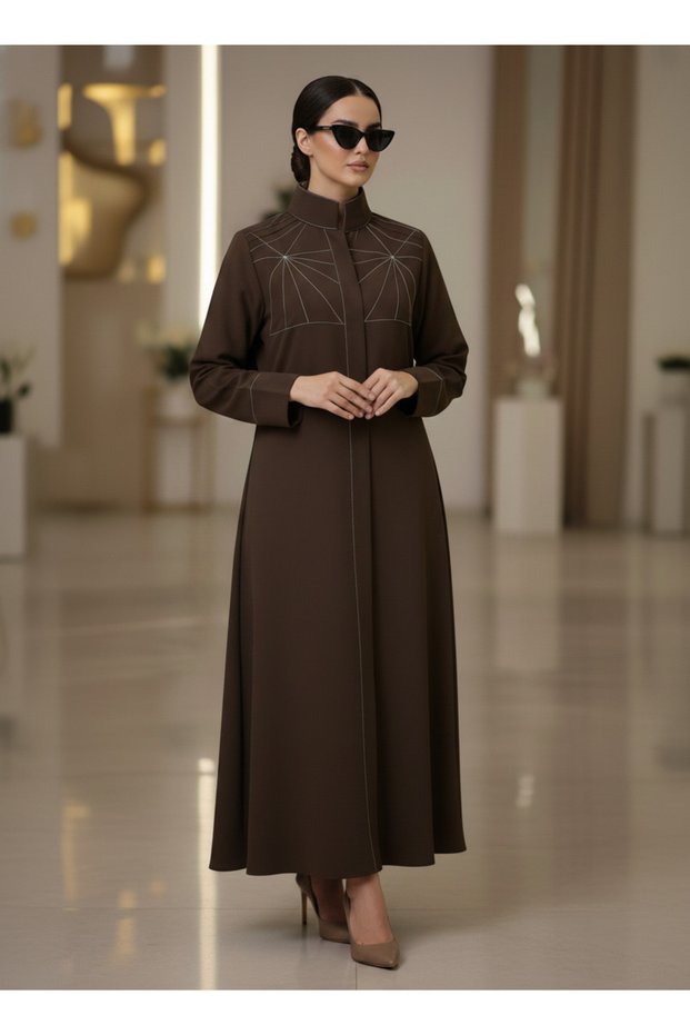 Bold And Modern Brown Cobra Crepe Abaya Mandarin Collar Edition