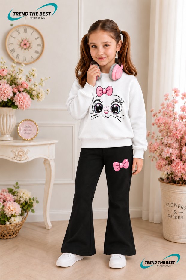 Winter, Spring, and Autumn Girls' Black Spanish Flared Bottoms and White Sweat Top