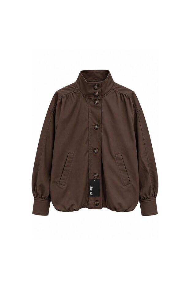 Stand Collar Buttoned Jacket Brown