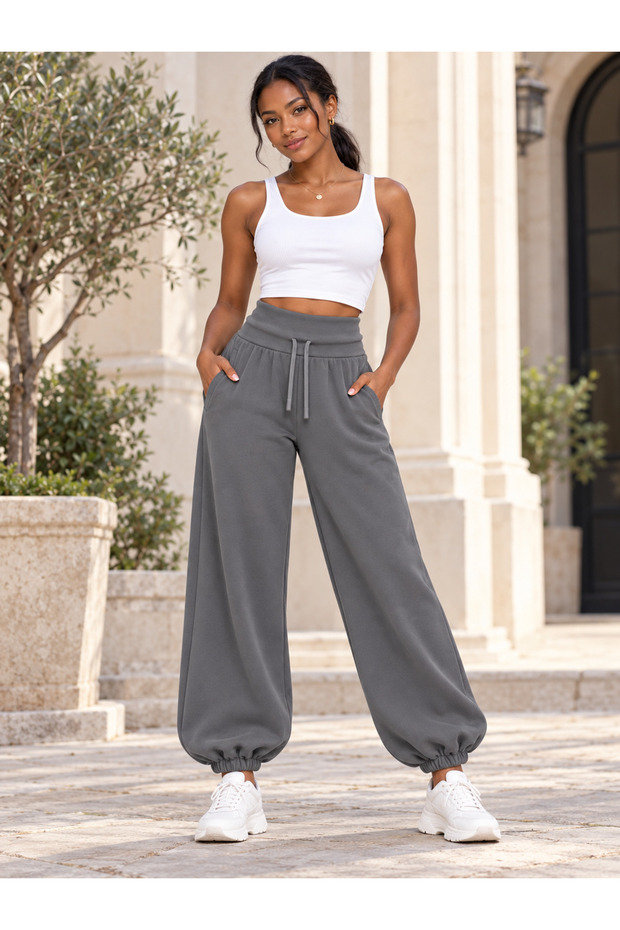 Women's Modal Fabric High Waist Loose Cut Elastic Leg Pants with Pockets