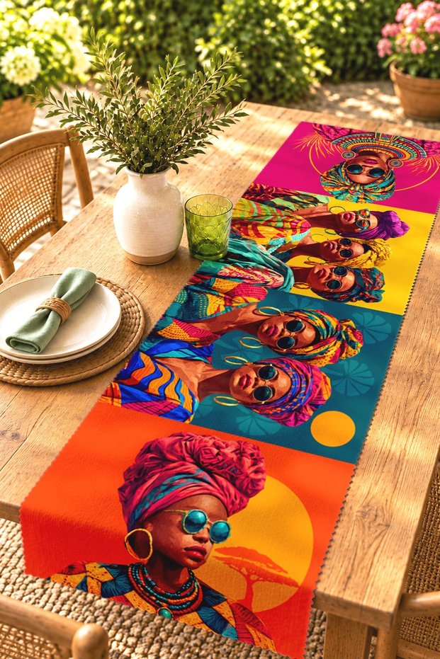 African Girls with Glasses Patterned Runner / Tablecloth / Placemat