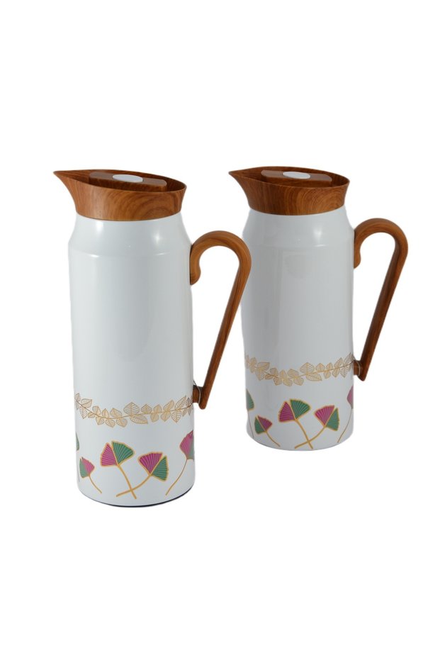 2-Piece Thermal Flask Set, 0.75L & 1L, White / Multicolour / Brown