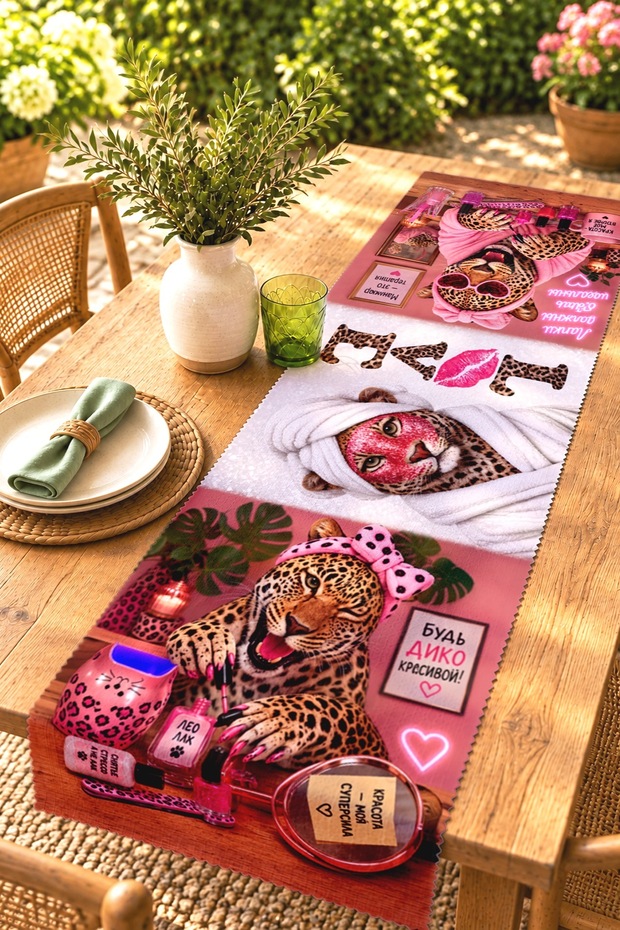 مفرش طاولة مزخرف بنقشة الفهد / مفرش طاولة / مفرش أمريكي