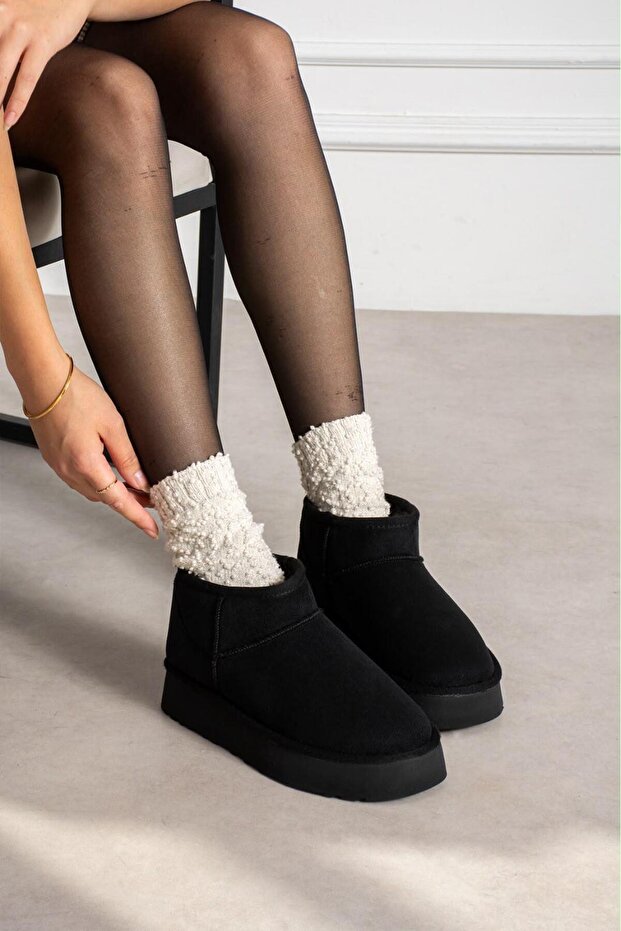 Mayge Black Suede Fur Lined Thick Sole Ankle Boots
