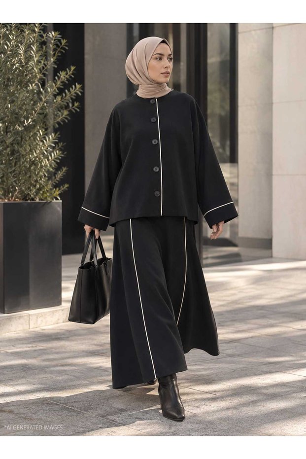 Piping Detailed Sleeveless Dress and Jacket Plus Size Linen Set - Black - White -