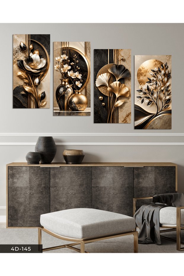 Gold and Black Detailed Tree and Flower 4-Piece Mdf Painting