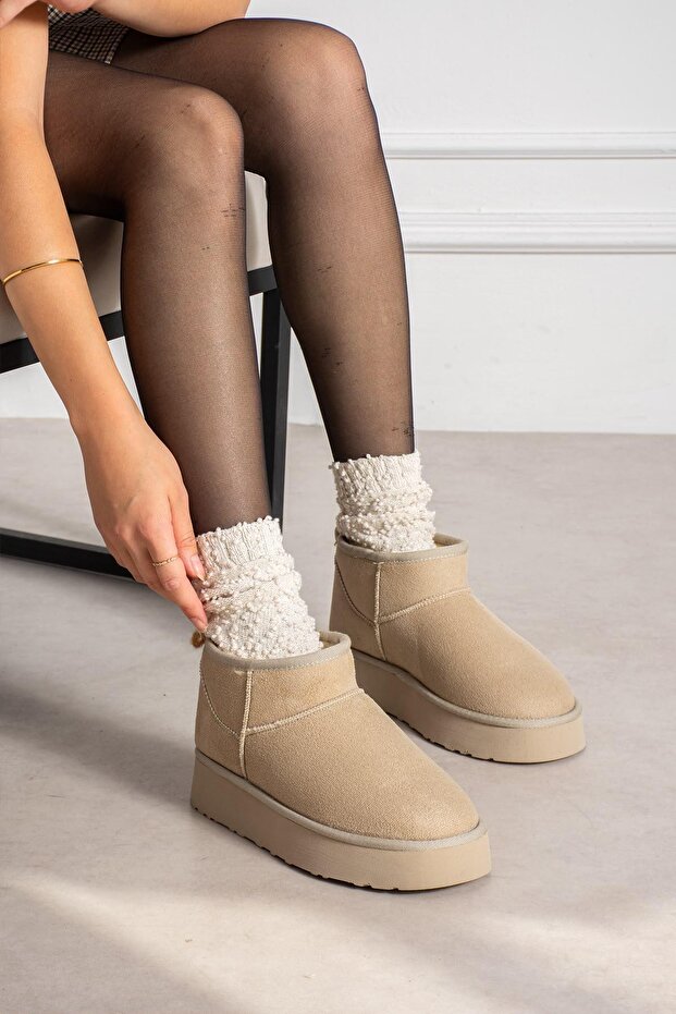Mayge Beige Suede Fur Lined Thick Sole Ankle Boots