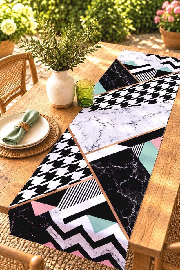 Houndstooth Marble Patterned Runner / Tablecloth / Placemat