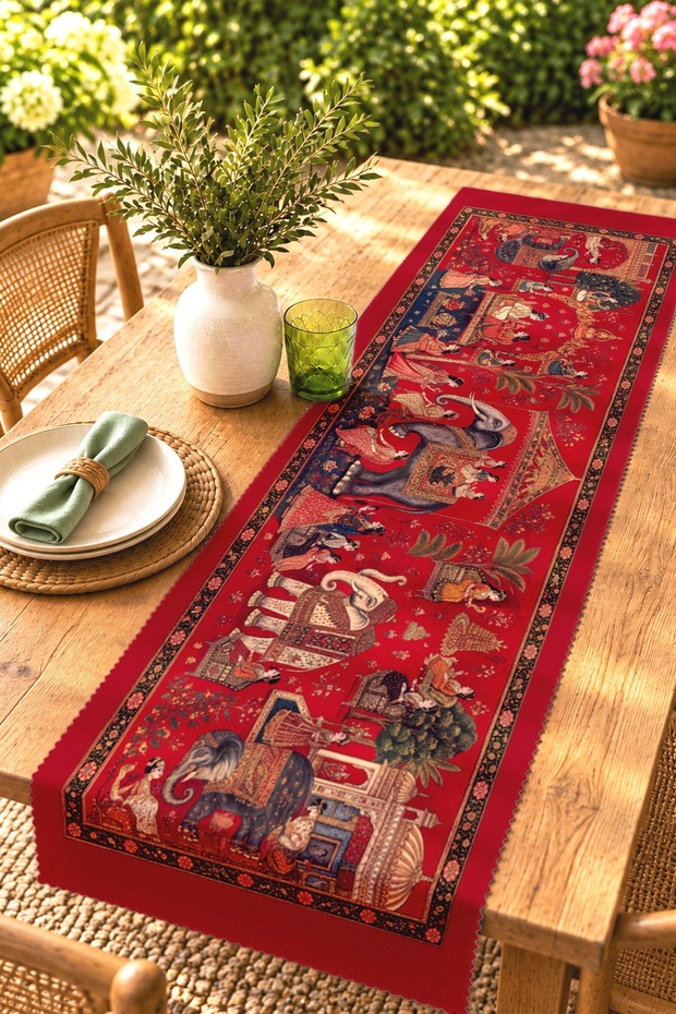 Red Ethnic India Elephants Patterned Runner/Tablecloth/Placemat