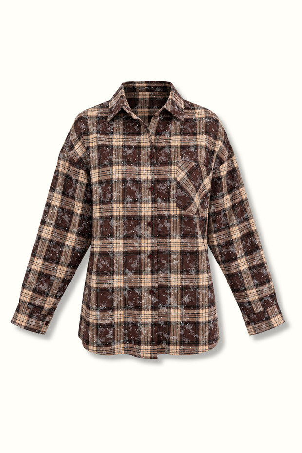 Stone Detailed Brown Plaid Shirt