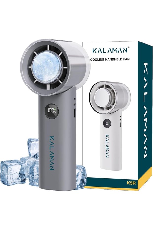 KALAMAN Handheld Portable Fan with Ice Cooler, 5000mAh Rechargeable Personal Fan,[15H Cooling Time] Mini Y Powerful [12000+ RPM] Small Pocket Fans for Travel/Outdoor/Office Quiet Neck Fan (Black)