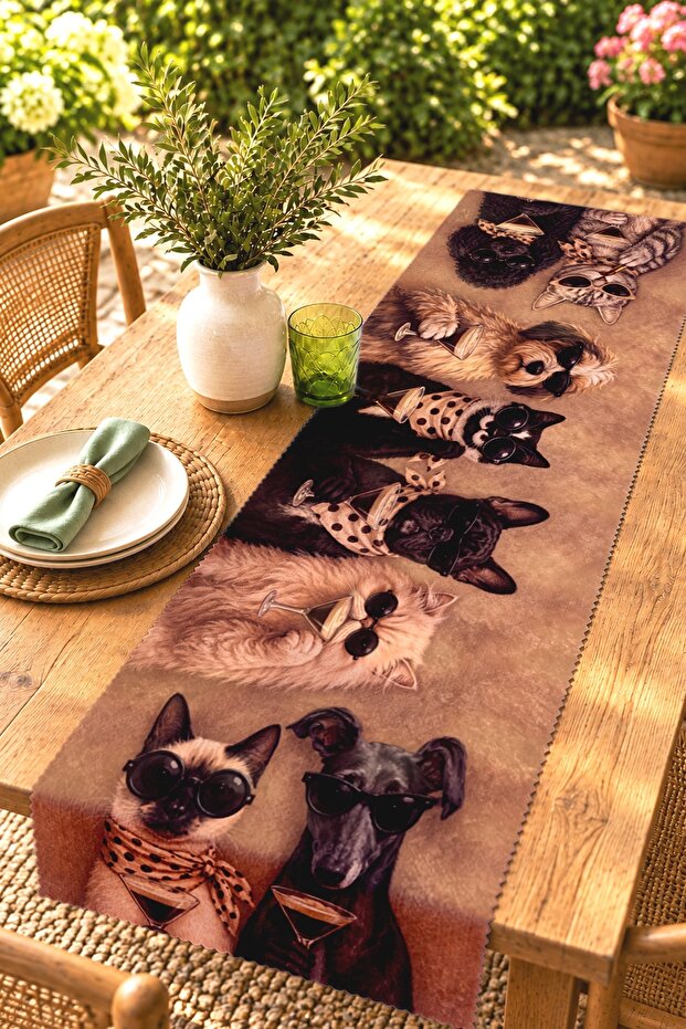 Coffee Tone Cat and Dog Patterned Runner/Tablecloth/American Service Mat