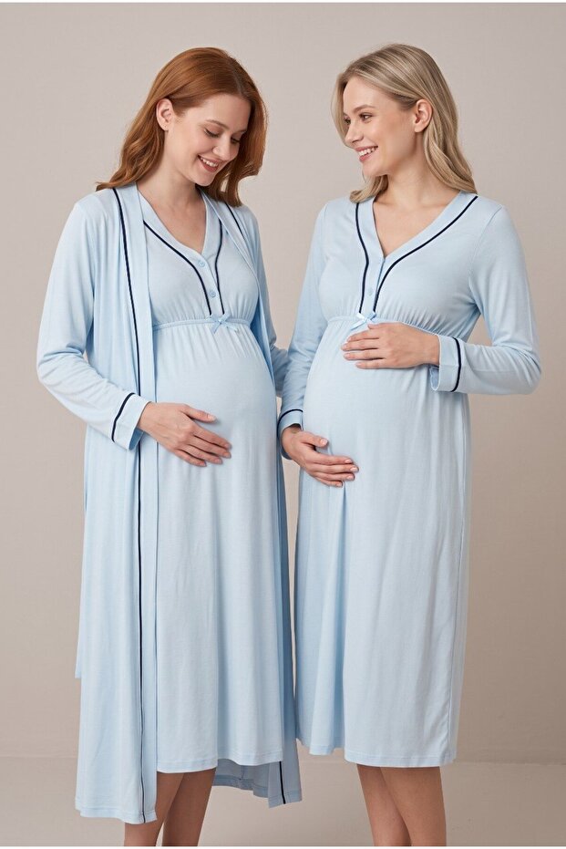 Women's Blue Long-Sleeved Maternity Nightgown Set with Piping, Easy for Breastfeeding, Includes Dressing Gown