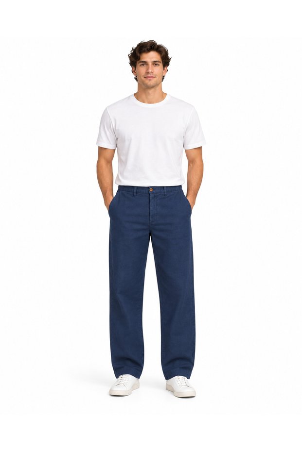 Men's Linen Wide Leg Mid Rise Authentic Fit Pants, Navy