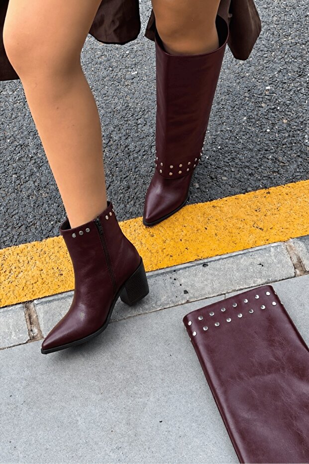 Siesta Women's Burgundy Leather Metal Stud Detailed 2-in-1 Versatile Detachable Below the Knee Boots 6.5 cm Heel