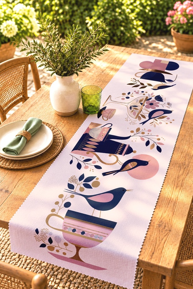 Birds in the Cup Patterned Runner/Tablecloth/American Service