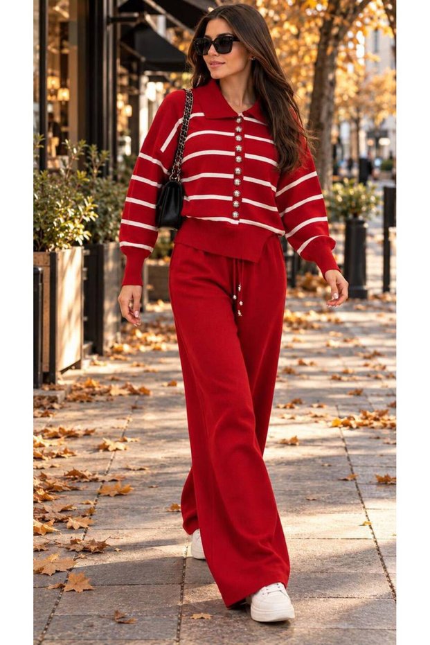 Knitwear Buttoned Striped Cardigan Trousers Two-Piece Set