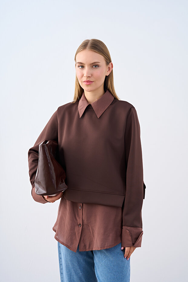 Women's Shirt Collar Detail Tunic Brown