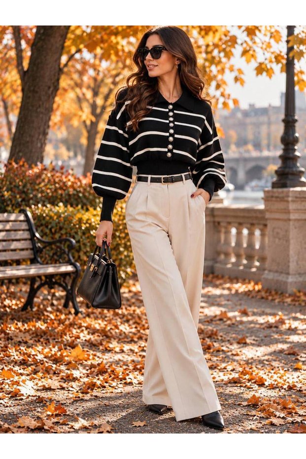Striped Balloon Sleeve Knitwear Cardigan