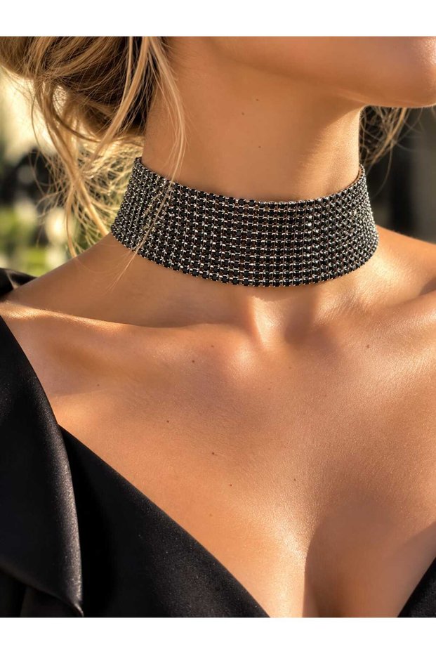 Stone Choker Necklace 11 Rows of Stones 3 cm Width 28 cm Stone Part 5 cm Chain Adjustable