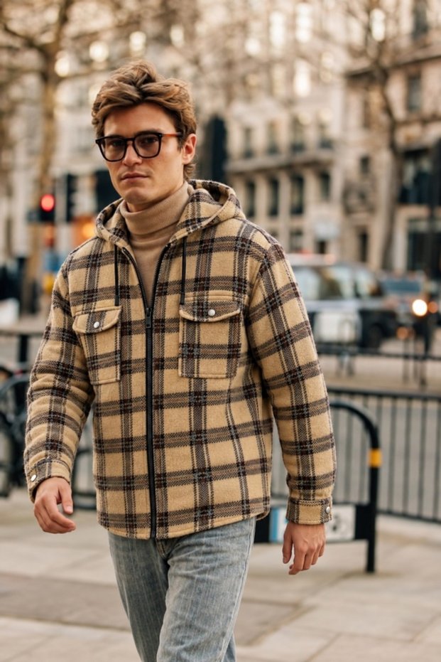 Men's Zippered Hooded Plaid Camel Lumberjack Shirt
