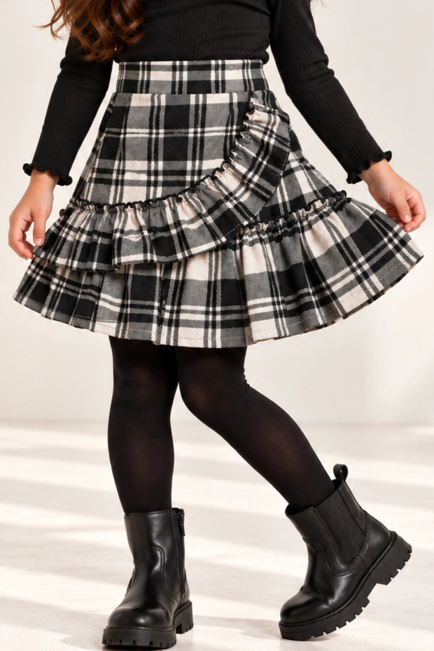 Girl's Gray Plaid Ruffled Soft Textured Cotton Skirt - Plaid Patterned Skirt