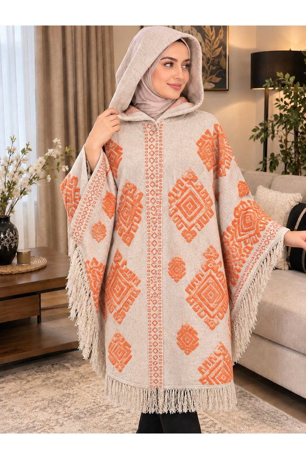 Winter Women's Knitwear Cardigan Poncho Standard Size Oversize Embroidered Stylish Hooded Tassel Cardigan Coat