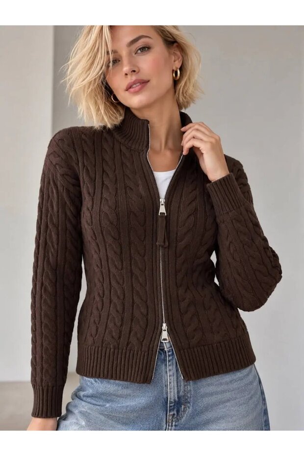Women's Hair Braided High Collar Knitwear Cardigan - Reversible Zippered Knit Jacket 8775